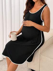 SHEIN 孕妇夏季撞色滚边肩部纽扣哺乳吊带裙 - 黑色 - 查看 4