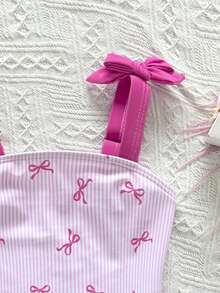SHEIN Young Girl' Pink Striped Bow Print Contrast Color Bow Decor One-Piece Swimsuit, Spring/Summer - Pink - View 5