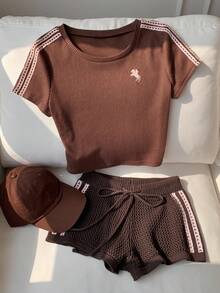 Comfortcana Shorts esportivos casuais de verão femininos com cintura ajustável por cordão e listras laterais contrastantes em tricô. - Castanho Café - Ver 6