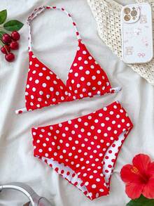 Tween Girls Polka Dot Print Halter Bikini Sets, Red & White, Fashionable Casual Swimwear For Swimming And Beach, Hot Selling Summer Vacation Essential - Multicolor - View 1