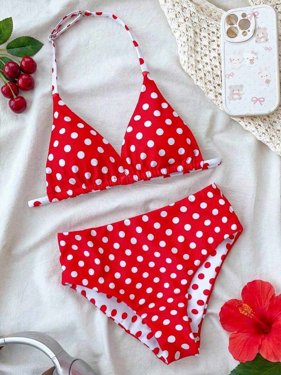 Tween Girls Polka Dot Print Halter Bikini Sets, Red & White, Fashionable Casual Swimwear For Swimming And Beach, Hot Selling Summer Vacation Essential - Multicolor - View 1