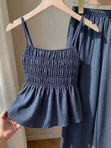 SHEIN 2pcs/Set Teen GirlCasual Camisole Top And Wide Leg Pants Set, Summer - Navy Blue - View 4