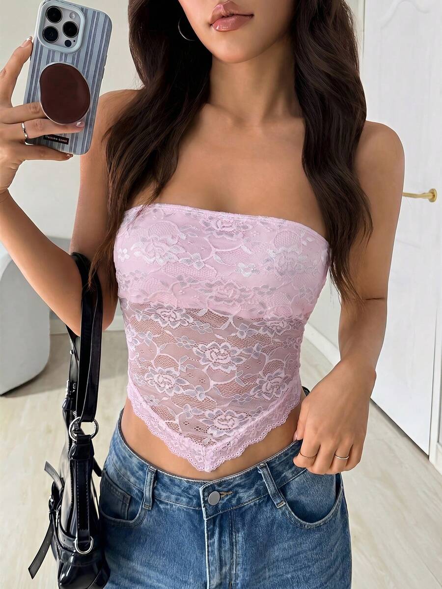SHEIN EZwear 不对称下摆蕾丝拼接性感无袖露肩短款上衣,春夏款 - 淺粉色 - 查看 1