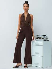 Hauture Bộ jumpsuit co giãn, cổ yếm, cài cúc phía trước. - Cà phê nâu - Xem 2