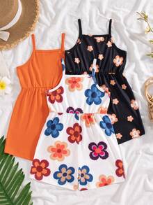 SHEIN Playful Pals 3件組少女夏季2025新款花卉印花與純色連身褲，簡約時尚度假風 - 彩色 - 查看 2