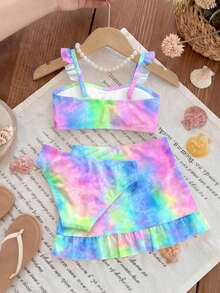 Conjunto de traje de baño de 3 piezas con estampado de teñido anudado y volantes para niñas jóvenes, ropa de baño infantil - Multicolor - Ver 2