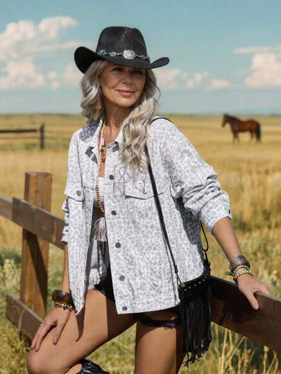 EMERY ROSE Women's Leopard Print Long Sleeve Single-Breasted Casual Denim Jacket