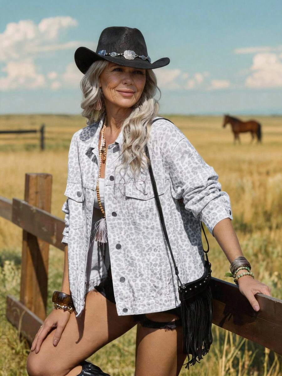 EMERY ROSE Women's Leopard Print Long Sleeve Single-Breasted Casual Denim Jacket - Multicolor - View 1