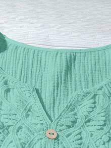 SHEIN LUNE CURVE 加大码短袖纹理面料夏季翻领衬衫 - 綠色 - 查看 4