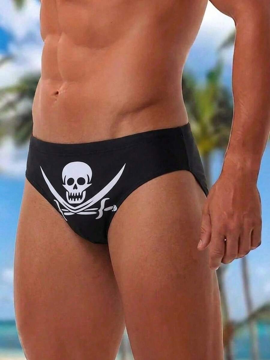 Manfinity Swimmode Bañador de hombre con estampado de calavera en estilo oscuro, primavera/verano 2026 - Blanco y Negro - Ver 1
