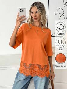 Easowa Black Short Sleeve Round Neck Lace Hem Loose T-Shirt For Women,Summer Top - Orange - View 3
