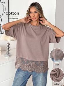 Easowa Black Short Sleeve Round Neck Lace Hem Loose T-Shirt For Women,Summer Top - Dusty Purple - View 2