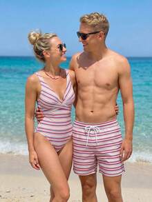 SHEIN Damen eleganter Urlaubs-Badeanzug mit bunten Streifen und Kreuzgurt-Vorderseite, Sommer Strand Urlaubs Familien-Matching Bademode - Verschiedenfarbig - Übersicht 1