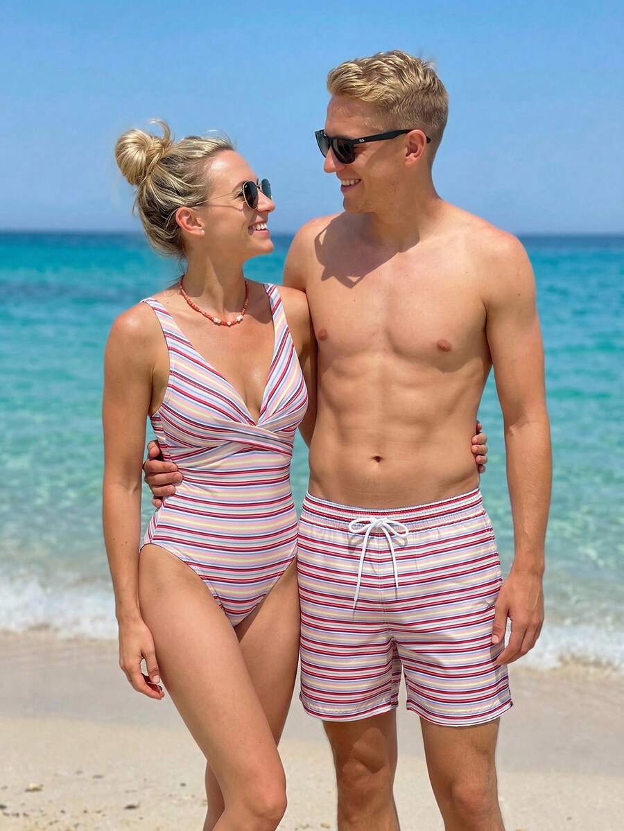 SHEIN Damen eleganter Urlaubs-Badeanzug mit bunten Streifen und Kreuzgurt-Vorderseite, Sommer Strand Urlaubs Familien-Matching Bademode - Verschiedenfarbig - Übersicht 1
