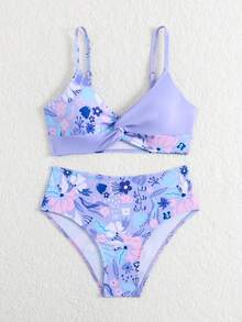 SHEIN 少女两件式泳衣，少女拼接设计泳衣，柔和的紫色花卉拼接浅紫色底色，时尚设计，展现温柔可爱的气质，适合海滩度假、冲浪、游泳、沙滩、游泳池等场合。 - 紫色 - 查看 3