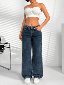 SHEIN Mid-Waist Straight Leg Medium Blue Washed Casual Denim Jeans With Embroidered Details And Front Button Design - Medium Wash - View 7