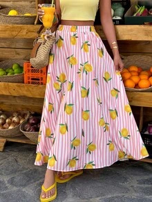 Weeklong Plus Size Women's Striped Colorful Fruit Print A-Line Loose Casual Beach Holiday Daily Skirt, Spring/Summer - Multicolor - View 5