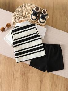 SHEIN Playful Pals 2pcs/Set Infant Toddler Baby Boy Striped Knit Vest & Polo Shirt Bear Patch Shorts Summer Cute Family Matching Back-To-School Black And White Checkered - Apricot - View 2