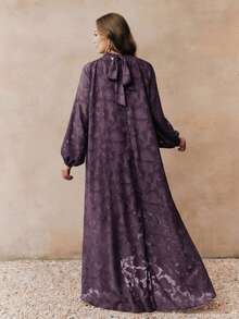 Anewsta Plus Size Women's Brown Chiffon Cutout Floral Stand Collar Lantern Sleeve Tie Back Elegant Dress Fall - Purple - View 2