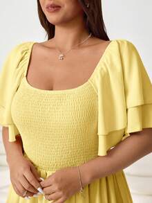 Solflare Plus Size Elegant Solid Color Ruffle Flounce Sleeve Dress, Summer Tea Party Pale Yellow - Pale Yellow - View 4