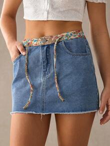 WESTFADE Chân váy denim ngắn ôm sát eo, họa tiết hoa jacquard, dây rút. - Rửa trung bình - Xem 5