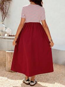 SHEIN Maternity Casual Striped Patchwork Dress - Red - View 6