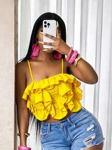 BamGleam Top corto de tirantes finos con volantes en el bajo, de color liso, para el verano - Amarillo - Ver 5