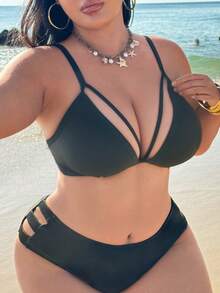 SHEIN Swim SXY Top de bikini de unicolor sexy para mujer de talla grande, adecuado para usar en la playa en verano - Negro - Ver 5