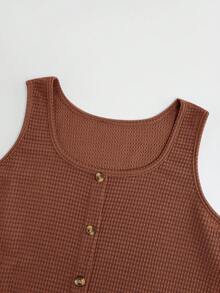 SHEIN VCAY Plus Size Women Summer Apricot Striped Button Decor Sleeveless Camisole - Coffee Brown - View 3
