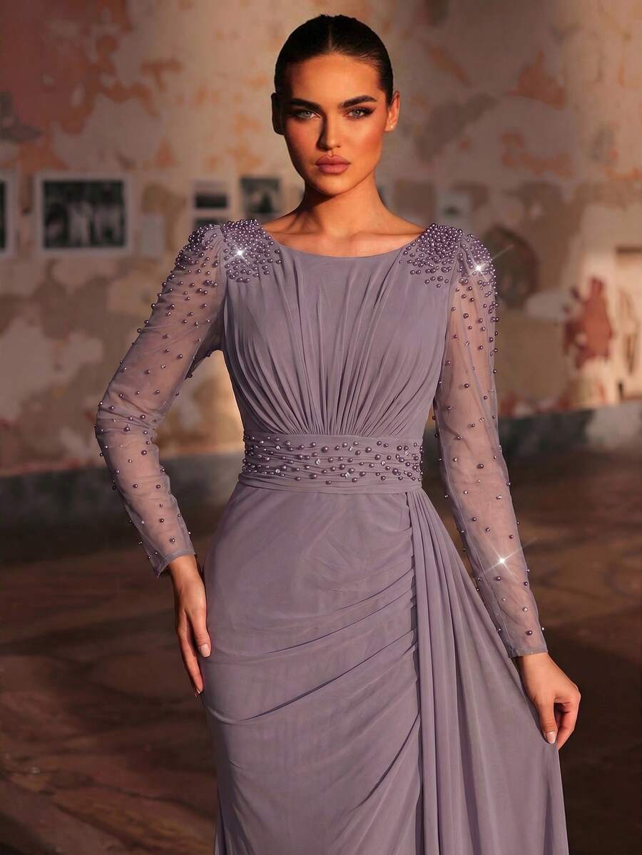 Aureia 优雅奢华的泡泡珍珠钻石设计薄纱长袖弹力针织褶皱美人鱼连衣裙,适合婚礼、派对、度假、新娘、新娘母亲、晚礼服等场合。 - 紫色 - 查看 1
