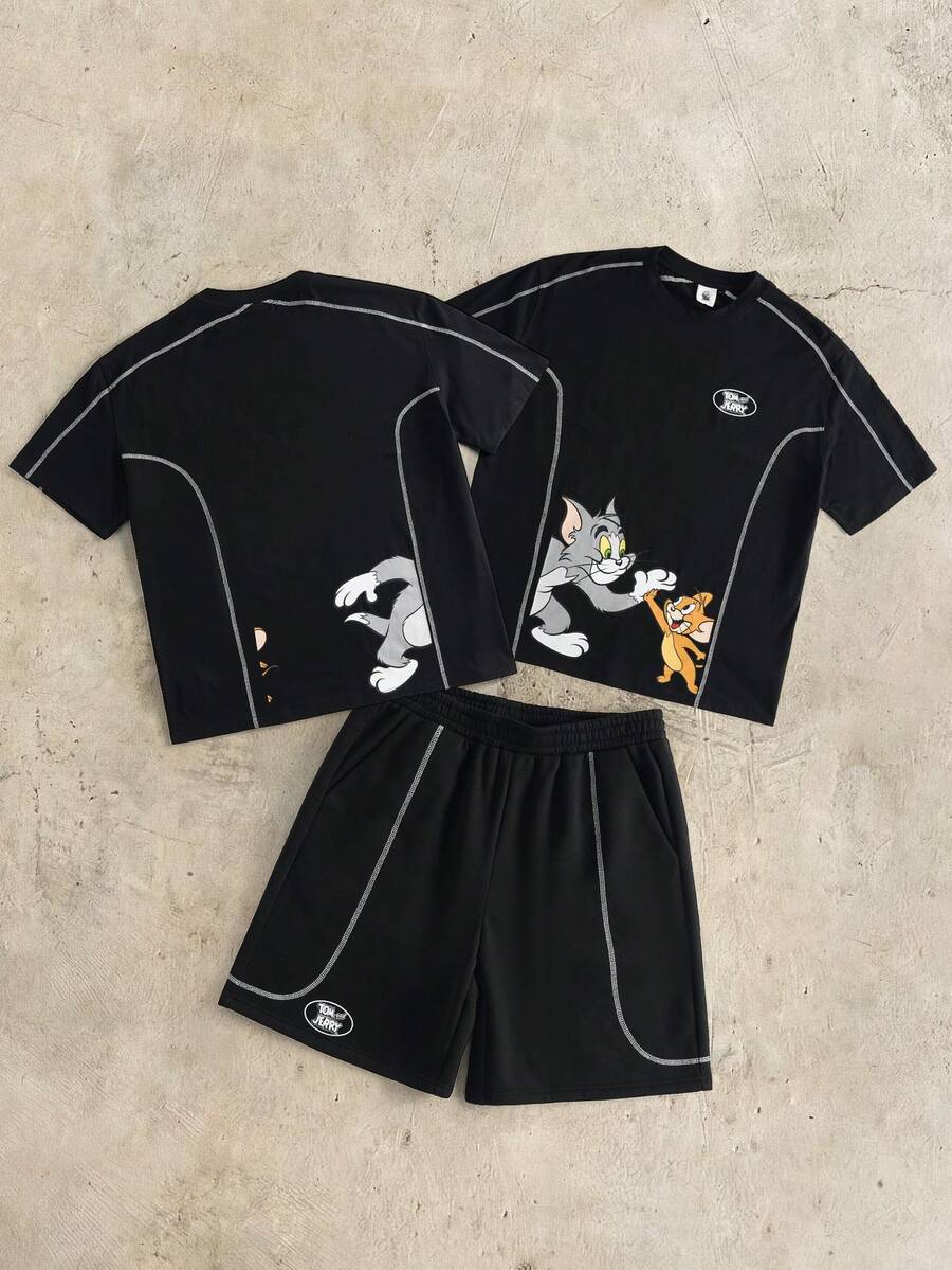 TOM & JERRY X SHEIN Men's Casual Cartoon Print Round Neck Short Sleeve T-Shirt And Shorts Set, Summer - Black - View 1