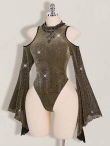 SHEIN ICON Plus Size Stand Collar Exaggerated Flare Sleeve Sheer Metallic Bodysuit, Suitable For Music Festivals And Parties - Gold - View 8