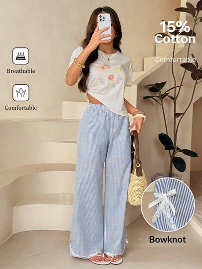 SHEIN PETITE Women's Casual Lace Trim Blue & White Striped Pants, Suitable For Back To School Season, Summer