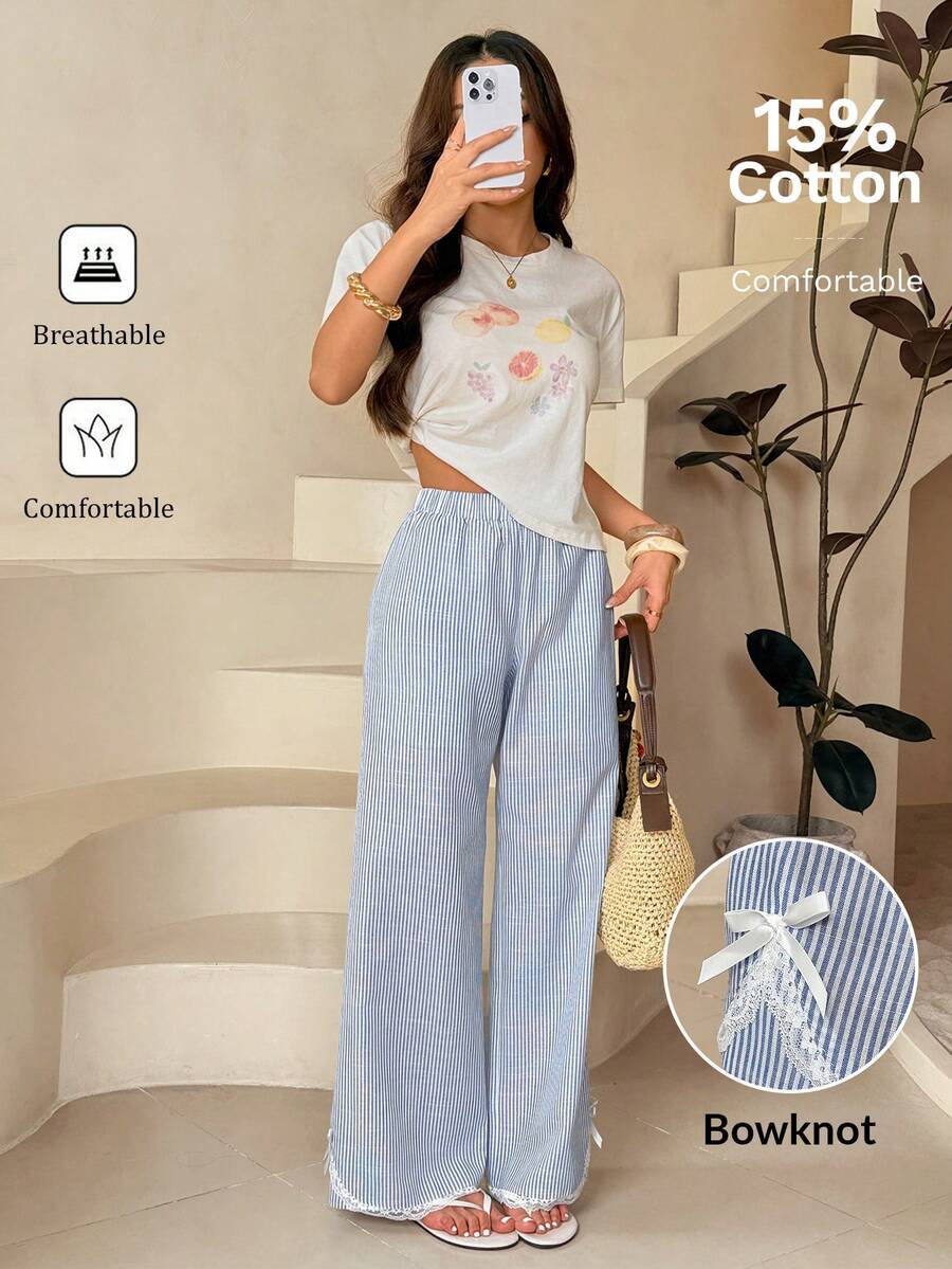 SHEIN PETITE Quần nữ dáng suông kẻ sọc xanh trắng viền ren, thích hợp cho mùa tựu trường và mùa hè.