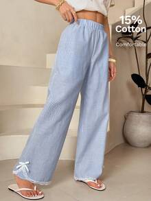 SHEIN PETITE Quần nữ dáng suông kẻ sọc xanh trắng viền ren, thích hợp cho mùa tựu trường và mùa hè. - Xanh và trắng - Xem 8