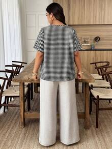 Weeklong Plus Size Women's Spring/Summer Plaid 3D Floral Trim Ruffle Sleeve Casual Vacation Shirt - Multicolor - View 2