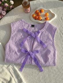 Comfortcana Kemeja Tanpa Lengan Kancing Depan Motif Kotak-kotak Ungu untuk Wanita, Atasan Musim Panas - Purple - View 7