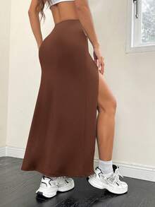 SHEIN EZwear Coffee Solid Color High Waist Slit Skirt - Coffee Brown - View 2
