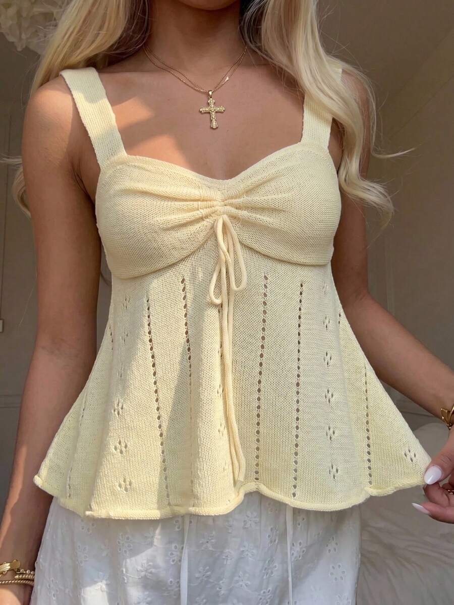 SHEIN CovetEZ Women's Fashion Versatile Vacation Hollow Out Ruched Tie Front Knit Top - Yellow - View 1