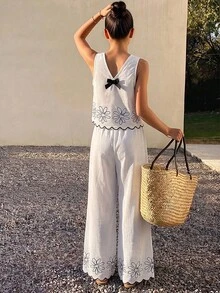 SHEIN 2PCS Tween Girl Linen-Feel V-Neck Floral Embroidery Tank & Wide Leg Pants Set,Black And White,Summer,Casual,Vacation,Holiday,Cute Back Bow Outfit - White - View 2