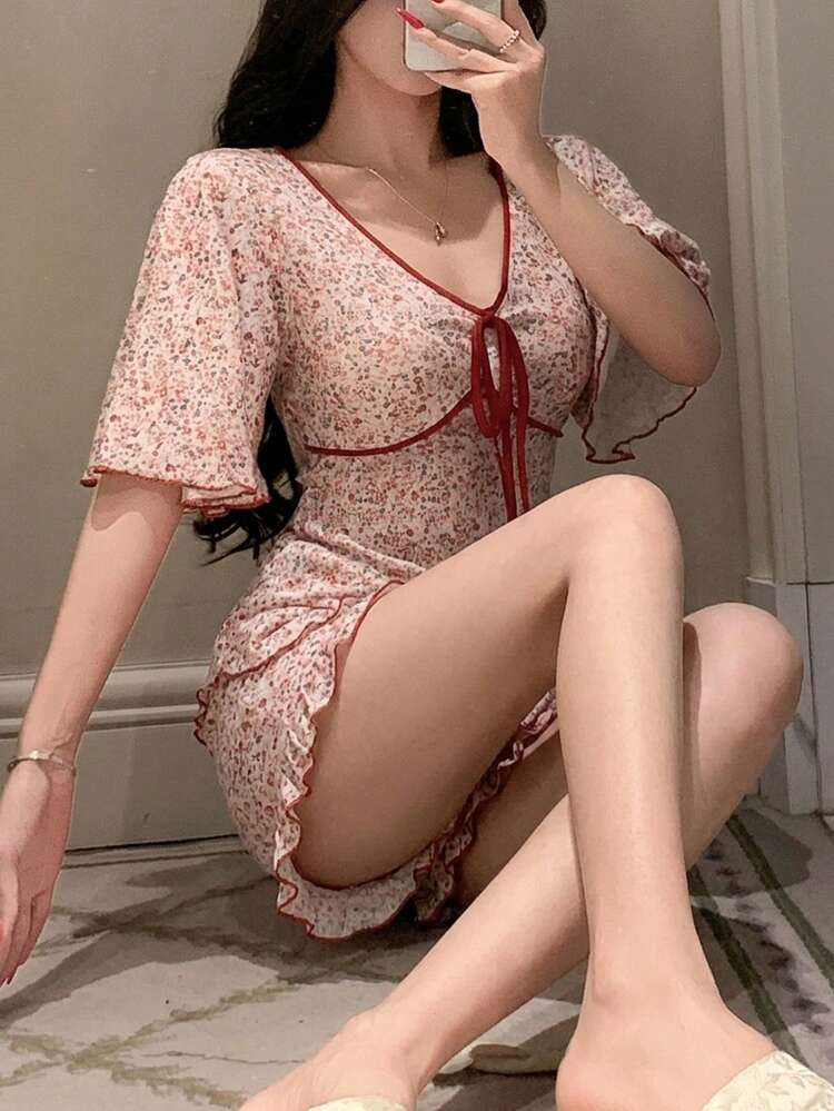 2pcs Sweet Ditsy Floral V-Neck Tie Waist Short Sleeve Top And Shorts Pajama Set For Women, Summer