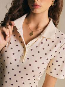 Poéselle Polka Dot Print Polo Collar Women T-Shirt - Apricot - View 3