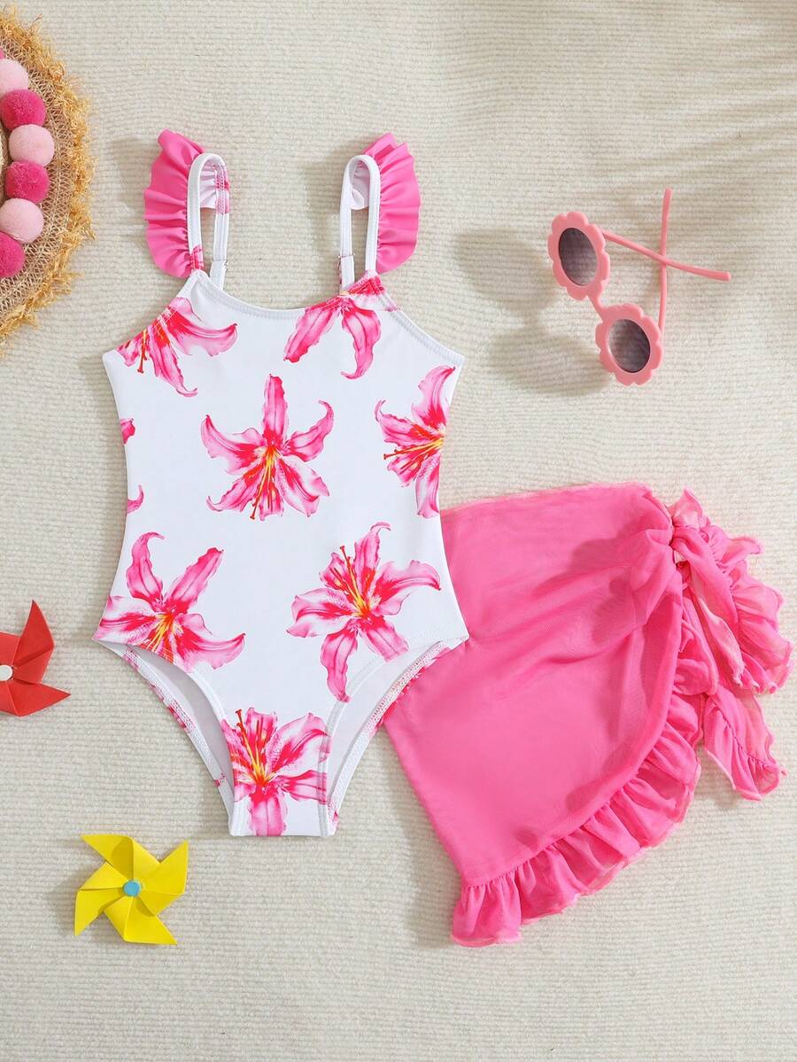 SHEIN Bộ áo tắm liền thân tay bồng in hoa dành cho bé gái, kèm chân váy ngắn, thích hợp cho kỳ nghỉ biển, tiệc bể bơi, tiệc bãi biển. - trắng - Xem 1