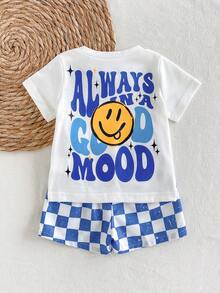 SHEIN Playful Pals Bộ áo thun và quần short in hình mặt cười cho bé sơ sinh, thích hợp cho mùa hè. - trắng - Xem 2