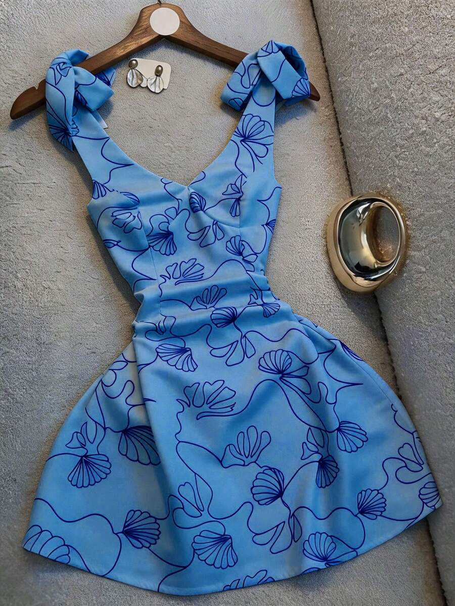 Franclia Đầm in họa tiết cổ chữ V thắt eo thanh lịch mới về - Màu xanh lam - Xem 1