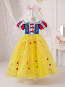 SHEIN Glamorique Kids 小女孩公主裙，泡泡袖，黄色网纱连衣裙，蝴蝶结，带披肩，蕾丝边，生日派对，婚礼，节日，夏季连衣裙 - 黃色 - 查看 5