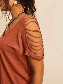 Freevana Plus Size Women Casual Solid Color Off Shoulder Short Sleeve T-Shirt - Coral Orange - View 4