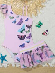 SHEIN Young Girl Butterfly Printed One-Piece Swimsuit Mesh Skirt Set - Multicolor - View 1