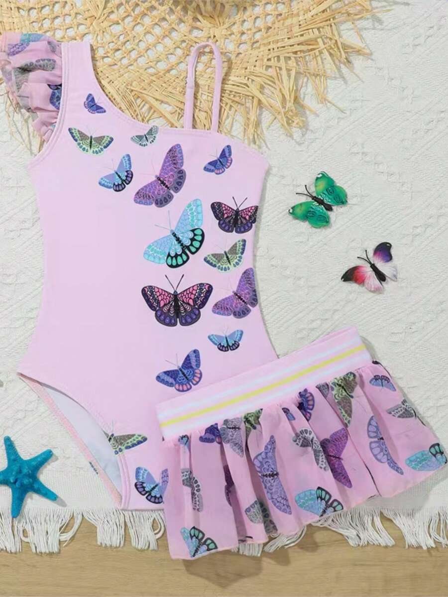 SHEIN Young Girl Butterfly Printed One-Piece Swimsuit Mesh Skirt Set - Multicolor - View 1