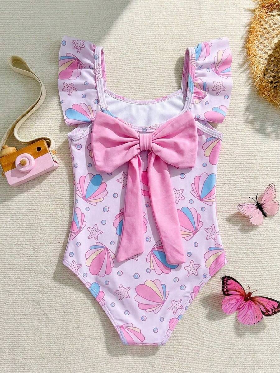 SHEIN 嬰兒/幼兒(女童)拼色粉色蝴蝶結豹紋卡通圖案休閒可愛度假沙灘泳衣 - 淺粉色 - 查看 1